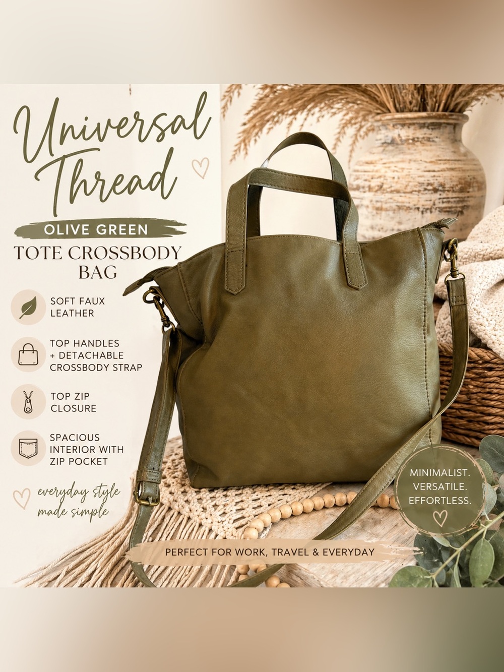 Universal Thread Olive Green Faux Leather Tote - detachable crossbody straps